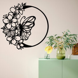 Wallity Butterfly And Flower Escultura de pared de metal negra